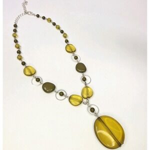 Bohemian Large Green Stone Pendant Orange Yellow Beaded Fashion Necklace  16-20"